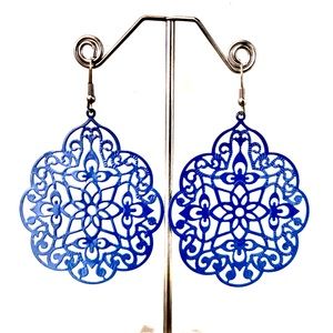 Blue metal cut out earrings